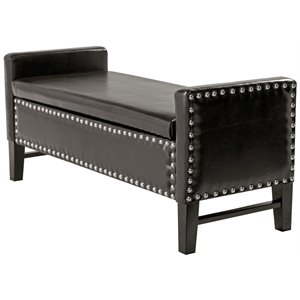Maklaine Faux Leather Storage Bench with Nailhead Trim in Espresso