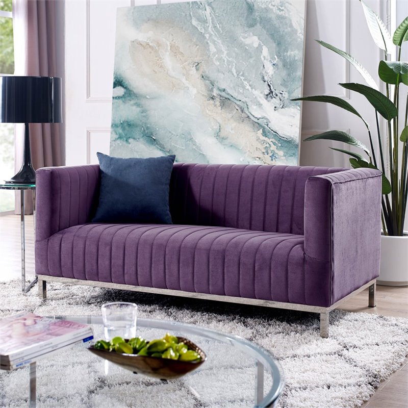 Maklaine Velvet Tuxedo Loveseat with Y-Metal Base in Purple/Chrome