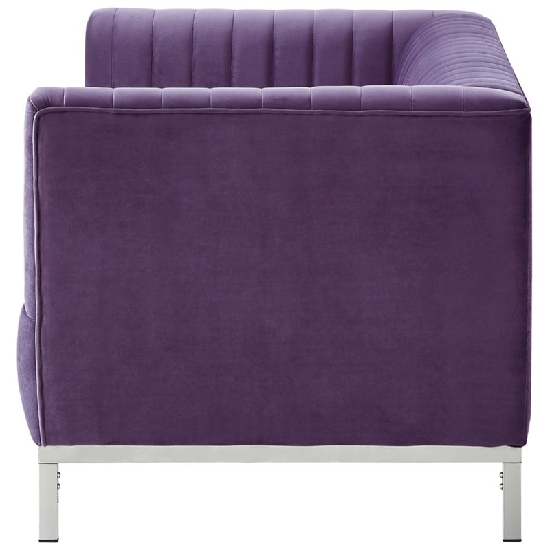 Maklaine Velvet Tuxedo Loveseat with Y-Metal Base in Purple/Chrome