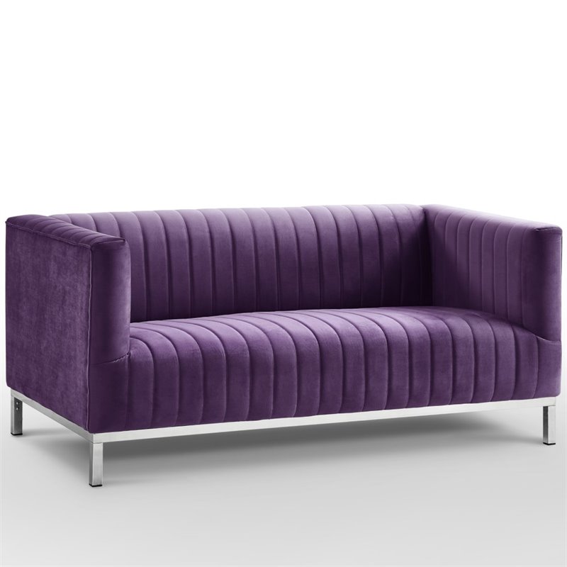 Maklaine Velvet Tuxedo Loveseat with Y-Metal Base in Purple/Chrome