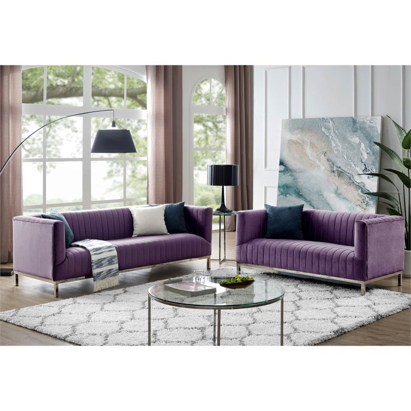Maklaine Velvet Tuxedo Loveseat with Y-Metal Base in Purple/Chrome