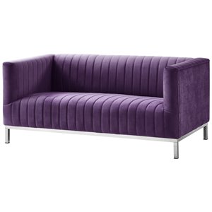 Maklaine Velvet Tuxedo Loveseat with Y-Metal Base in Purple/Chrome