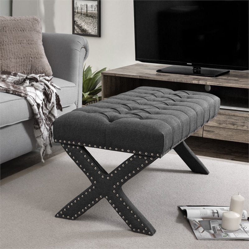 Maklaine Tufted Linen Fabric Bench with Nailhead Trim in Dark Gray