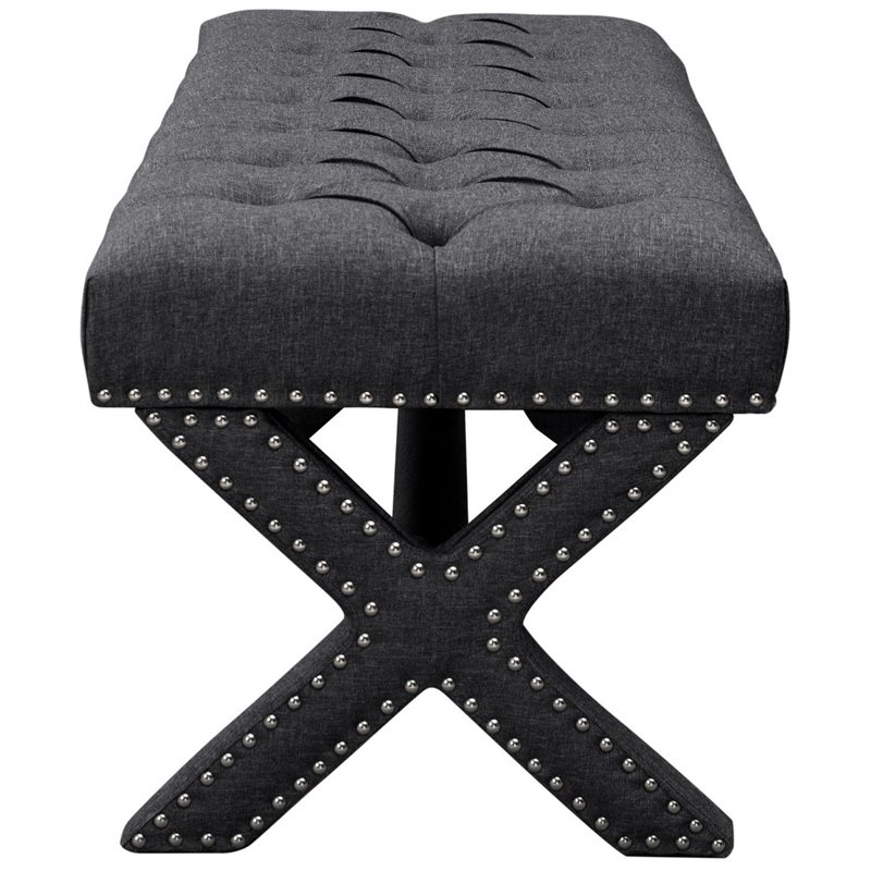 Maklaine Tufted Linen Fabric Bench with Nailhead Trim in Dark Gray