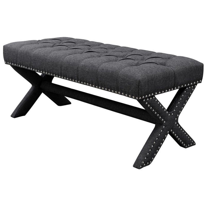 Maklaine Tufted Linen Fabric Bench with Nailhead Trim in Dark Gray