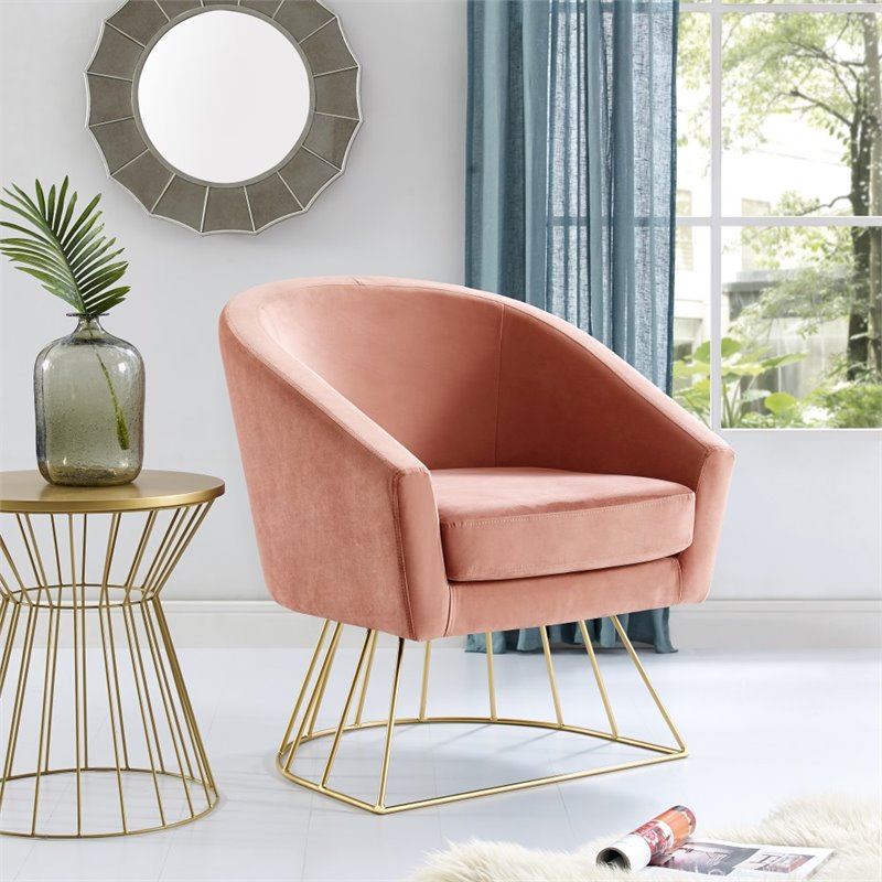 Maklaine Tufted Velvet Barrel Back Accent Chair in Blush Pink/Gold