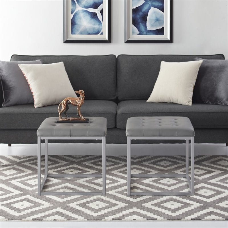 Maklaine Tufted Faux Leather Cube Ottoman with Metal Frame in Gray