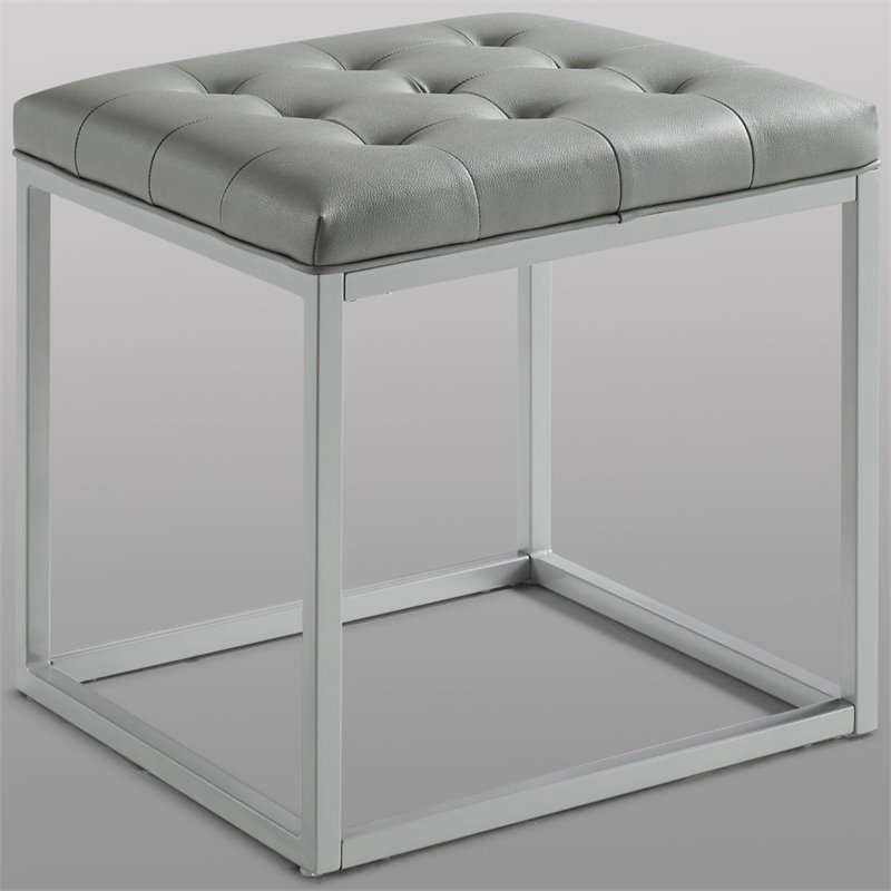 Maklaine Tufted Faux Leather Cube Ottoman with Metal Frame in Gray