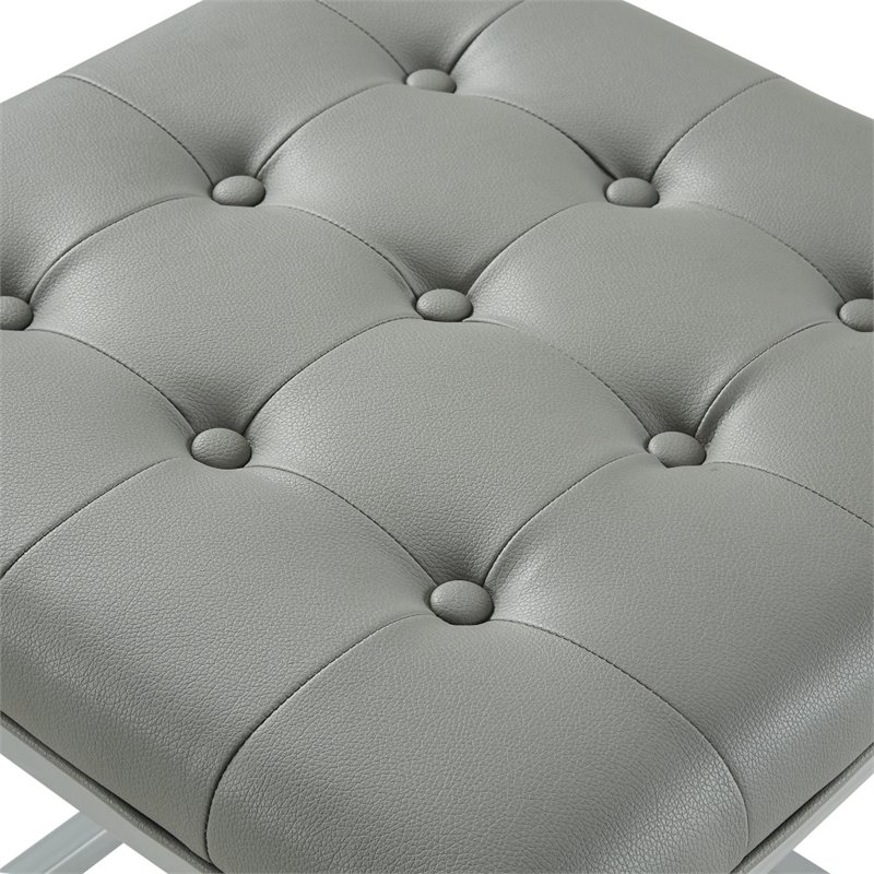 Maklaine Tufted Faux Leather Cube Ottoman with Metal Frame in Gray