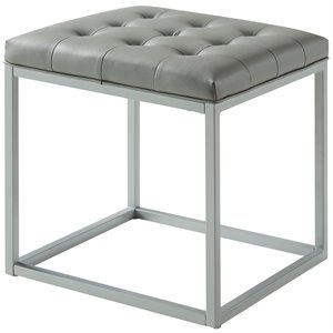 Maklaine Tufted Faux Leather Cube Ottoman with Metal Frame in Gray