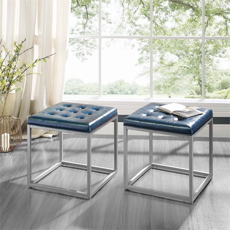Maklaine Tufted Faux Leather Cube Ottoman with Metal Frame in Blue