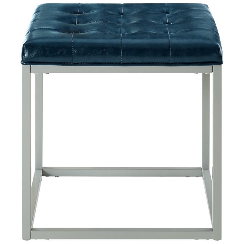 Maklaine Tufted Faux Leather Cube Ottoman with Metal Frame in Blue