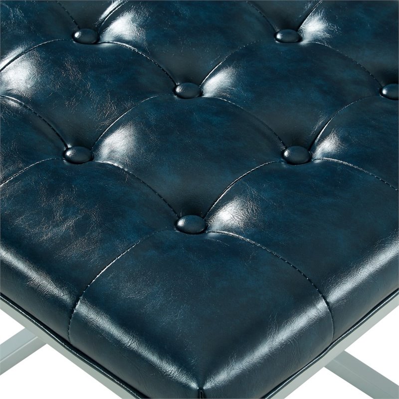 Maklaine Tufted Faux Leather Cube Ottoman with Metal Frame in Blue