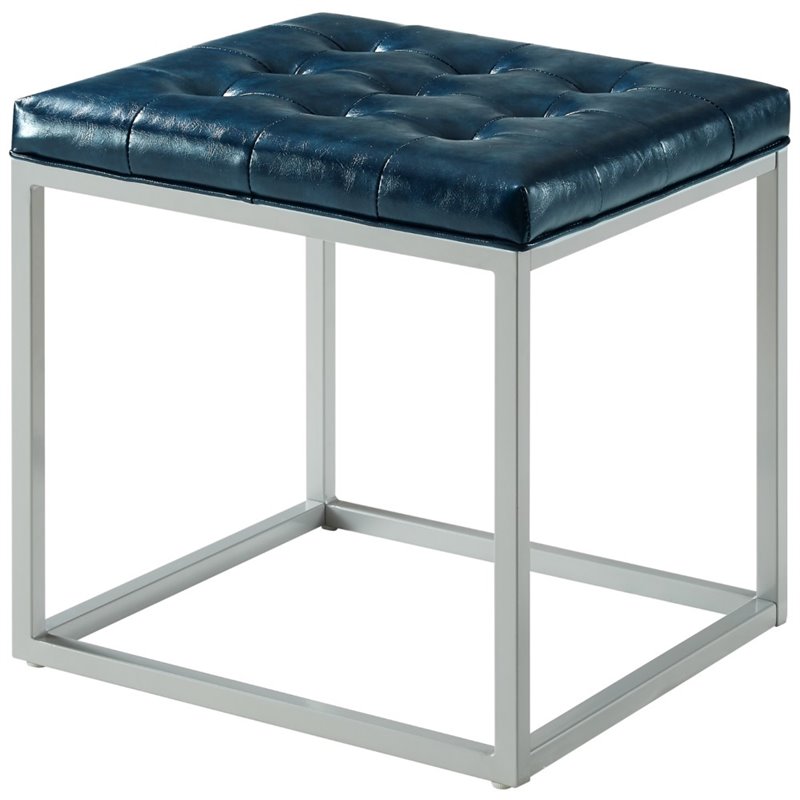 Maklaine Tufted Faux Leather Cube Ottoman with Metal Frame in Blue