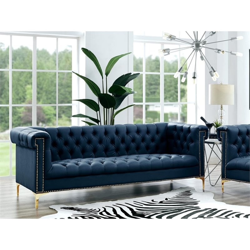 Maklaine Button Tufted Leather Chesterfield Sofa in Navy Blue/Gold
