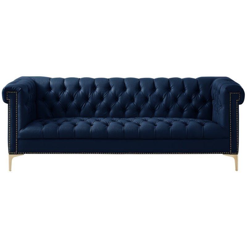 Maklaine Button Tufted Leather Chesterfield Sofa in Navy Blue/Gold