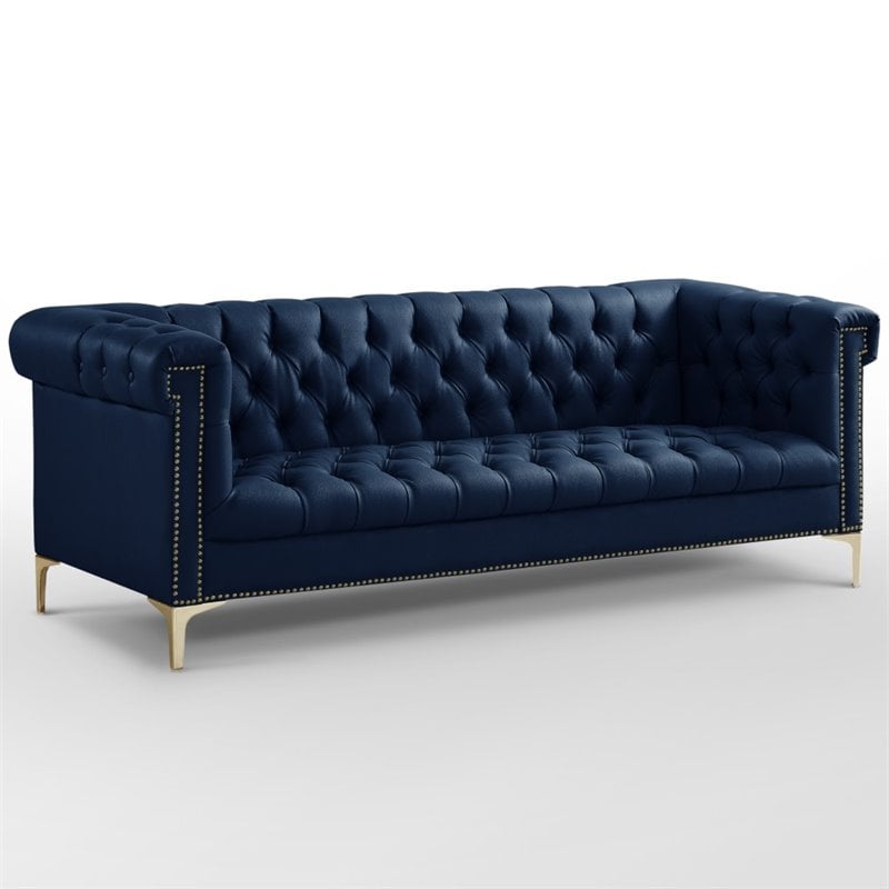 Maklaine Button Tufted Leather Chesterfield Sofa in Navy Blue/Gold