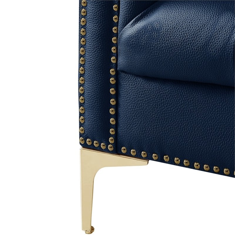 Maklaine Button Tufted Leather Chesterfield Sofa in Navy Blue/Gold
