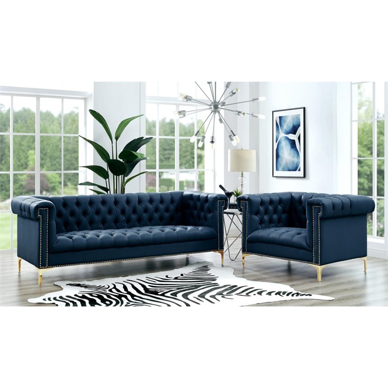Maklaine Button Tufted Leather Chesterfield Sofa in Navy Blue/Gold