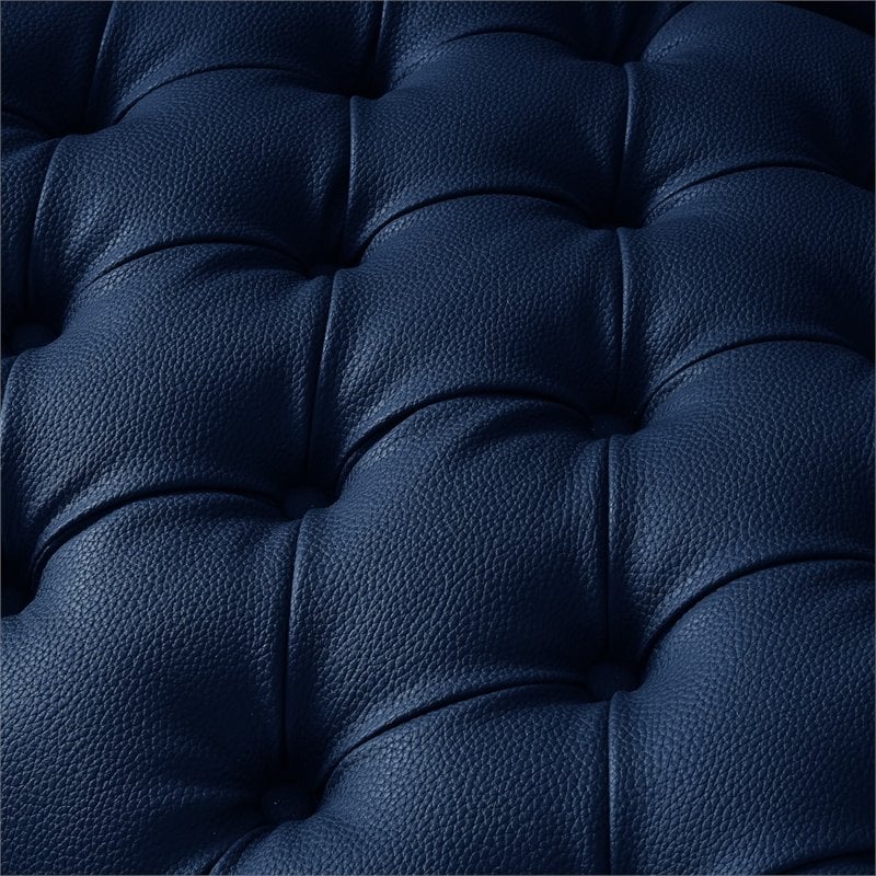Maklaine Button Tufted Leather Chesterfield Sofa in Navy Blue/Gold