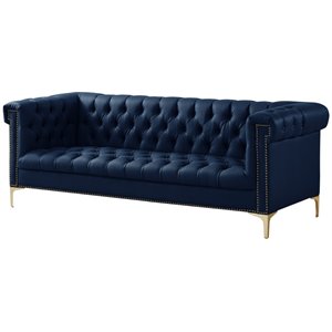 Maklaine Button Tufted Leather Chesterfield Sofa in Navy Blue/Gold