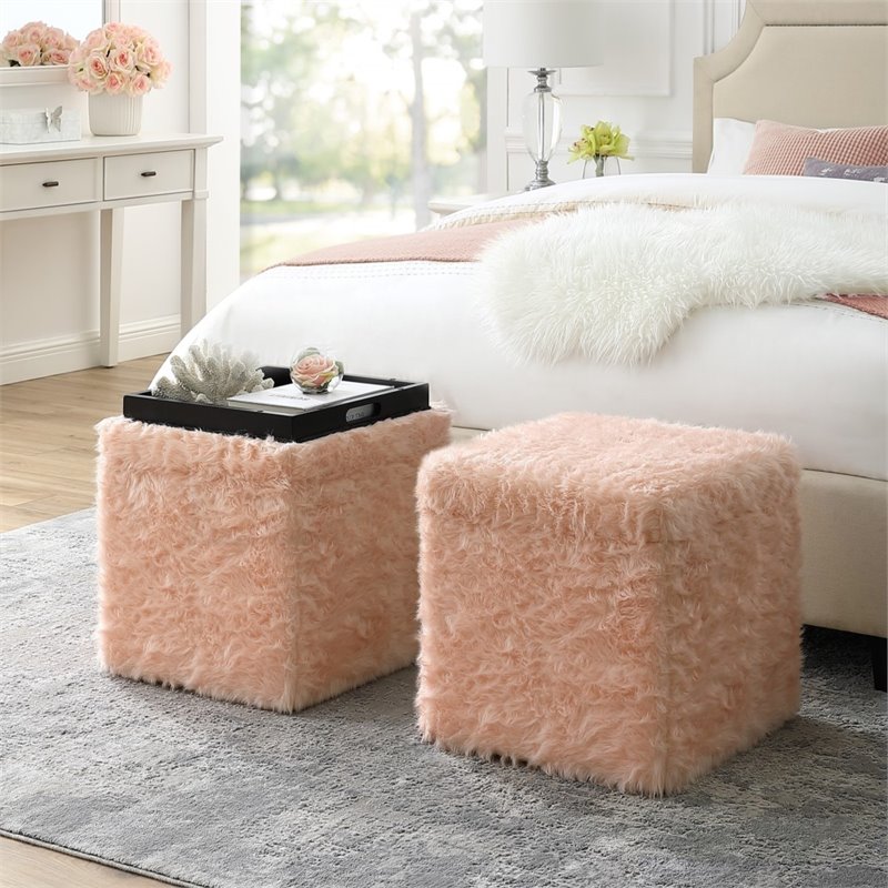Maklaine Modern Faux Fur Fabric Cube Storage Ottoman in Blush Pink