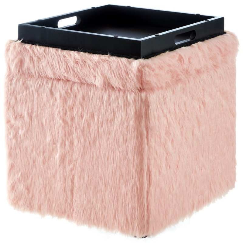 Maklaine Modern Faux Fur Fabric Cube Storage Ottoman in Blush Pink