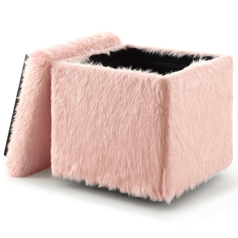 Maklaine Modern Faux Fur Fabric Cube Storage Ottoman in Blush Pink