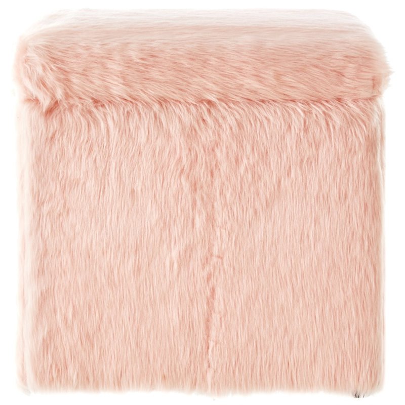 Maklaine Modern Faux Fur Fabric Cube Storage Ottoman in Blush Pink