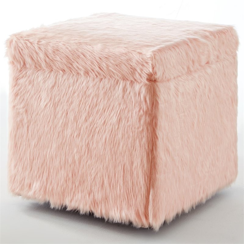 Maklaine Modern Faux Fur Fabric Cube Storage Ottoman in Blush Pink