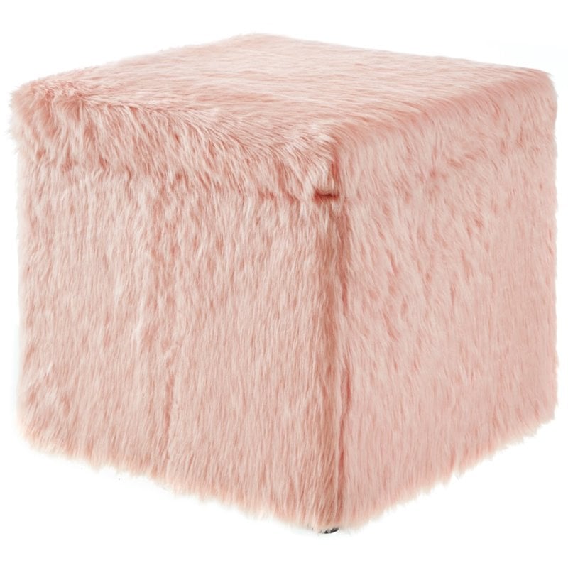 Maklaine Modern Faux Fur Fabric Cube Storage Ottoman in Blush Pink