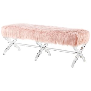 Maklaine Faux Fur Fabric Upholstered Bench with Acrylic X-Legs Pink