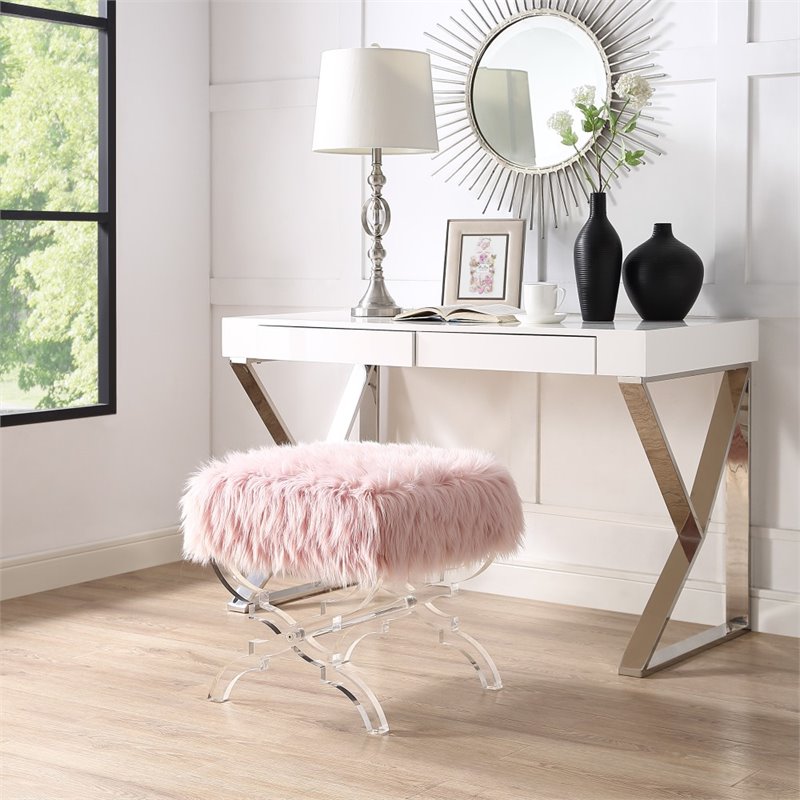 Maklaine Modern Faux Fur Fabric Ottoman with Acrylic X-Legs in Rose
