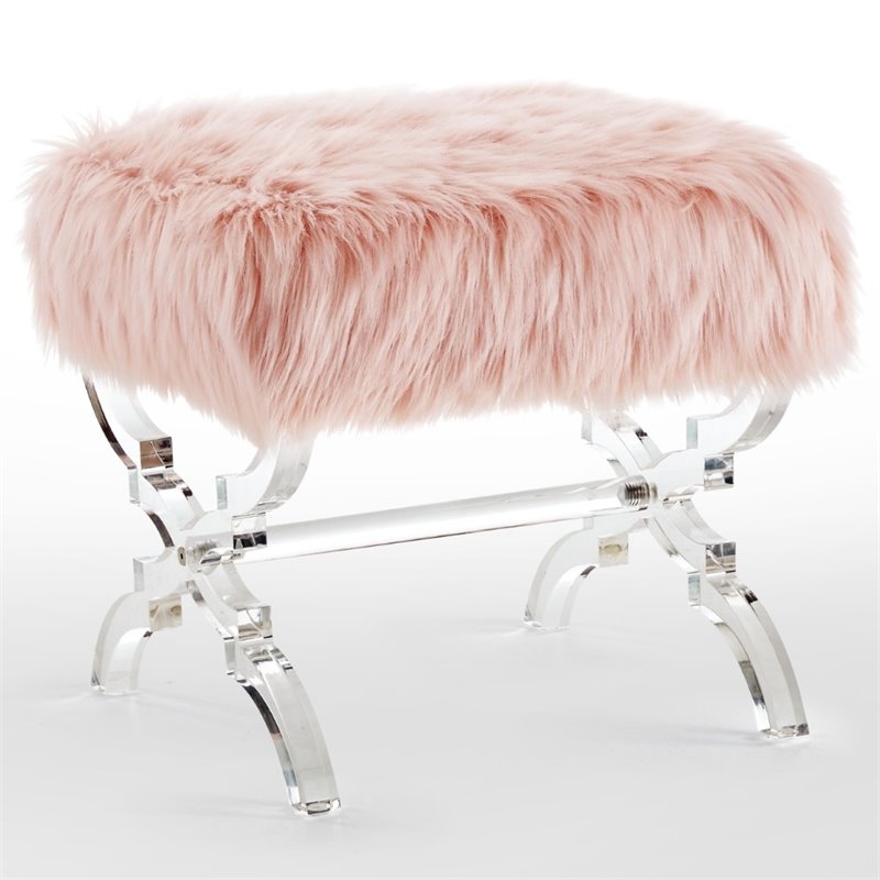 Maklaine Modern Faux Fur Fabric Ottoman with Acrylic X-Legs in Rose