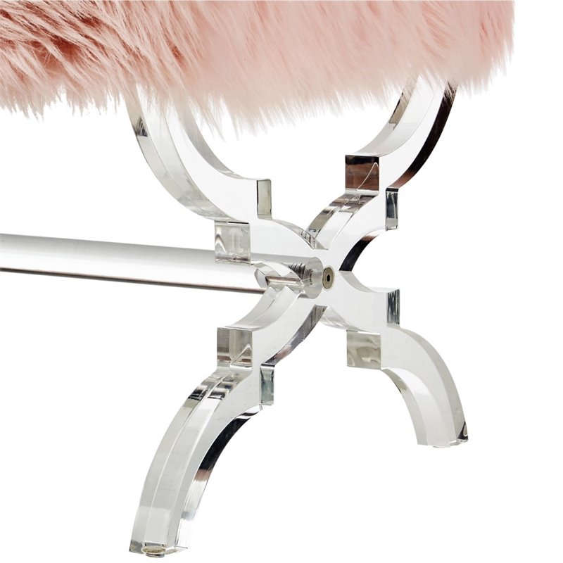 Maklaine Modern Faux Fur Fabric Ottoman with Acrylic X-Legs in Rose