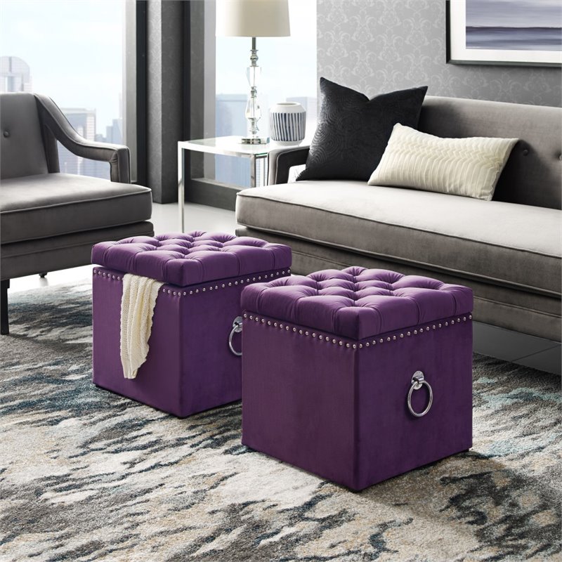 Maklaine Modern Velvet 1Pc Storage Ottoman in Purple/Chrome Finish
