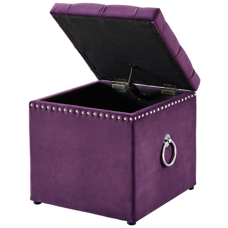 Maklaine Modern Velvet 1Pc Storage Ottoman in Purple/Chrome Finish