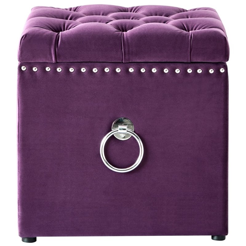 Maklaine Modern Velvet 1Pc Storage Ottoman in Purple/Chrome Finish