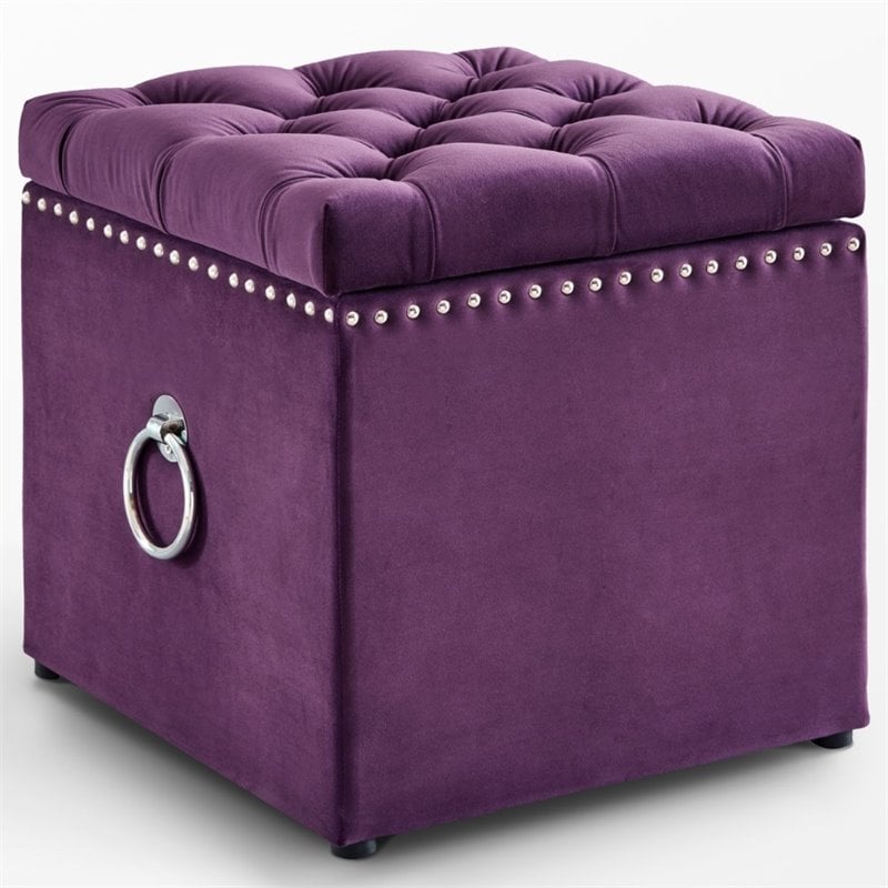 Maklaine Modern Velvet 1Pc Storage Ottoman in Purple/Chrome Finish