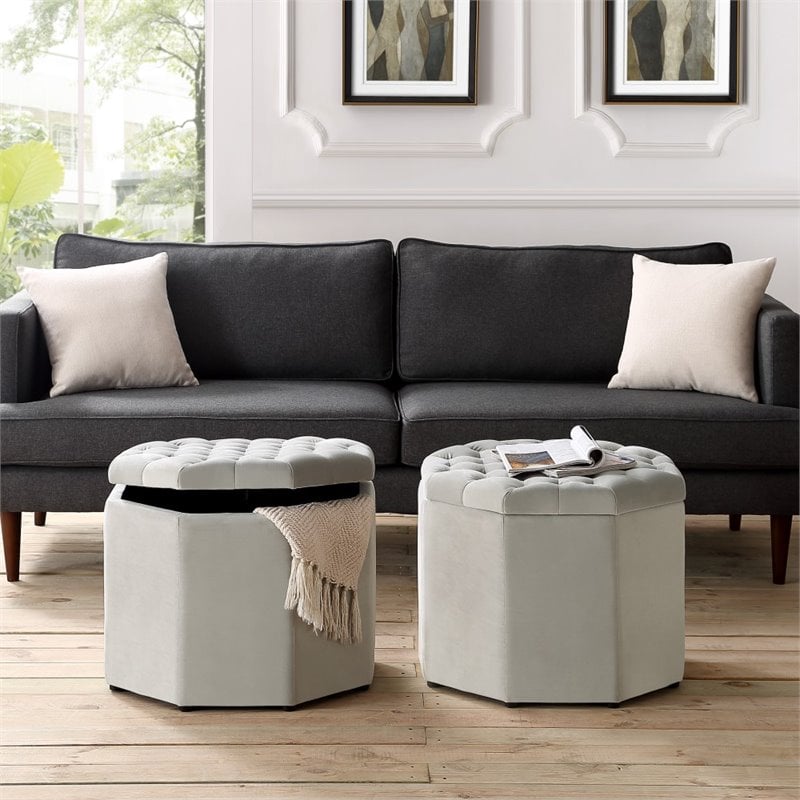Maklaine Button Tufted Velvet Storage Ottoman in Gray Finish
