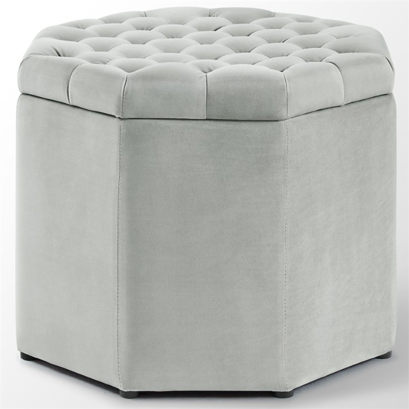 Maklaine Button Tufted Velvet Storage Ottoman in Gray Finish