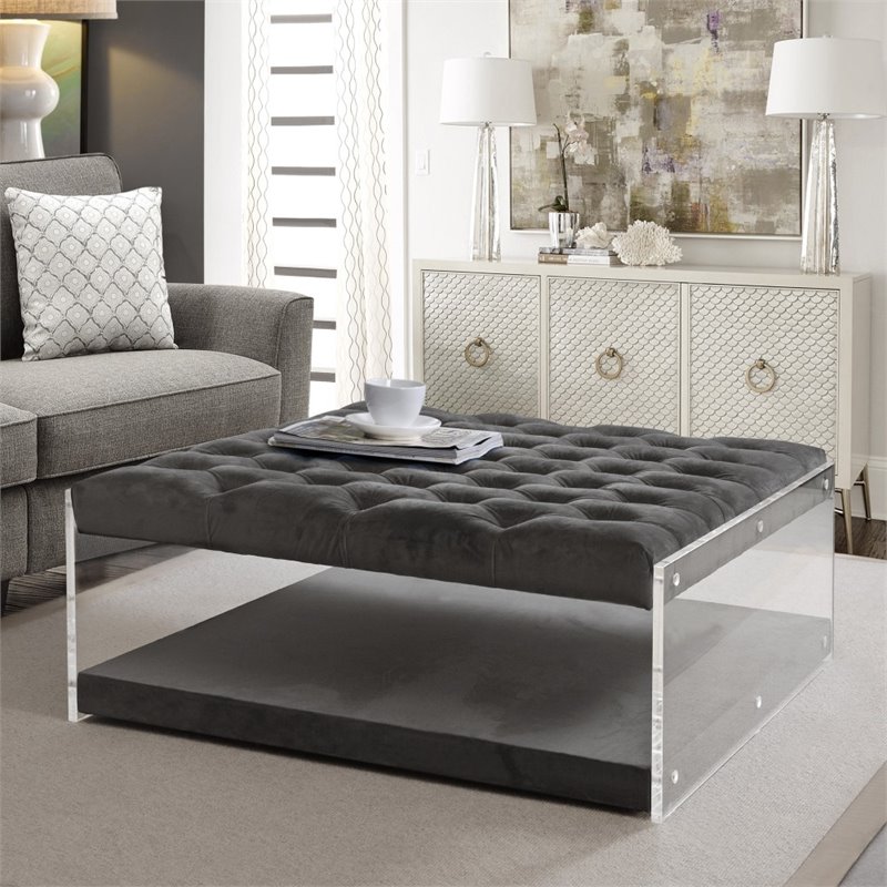 Maklaine Velvet Acrylic Ottoman with Nailhead in Gray Finish