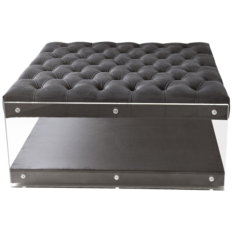 Maklaine Velvet Acrylic Ottoman with Nailhead in Gray Finish