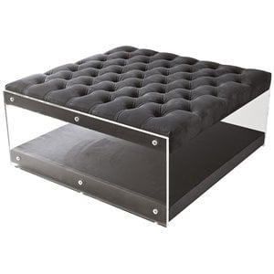 Maklaine Velvet Acrylic Ottoman with Nailhead in Gray Finish
