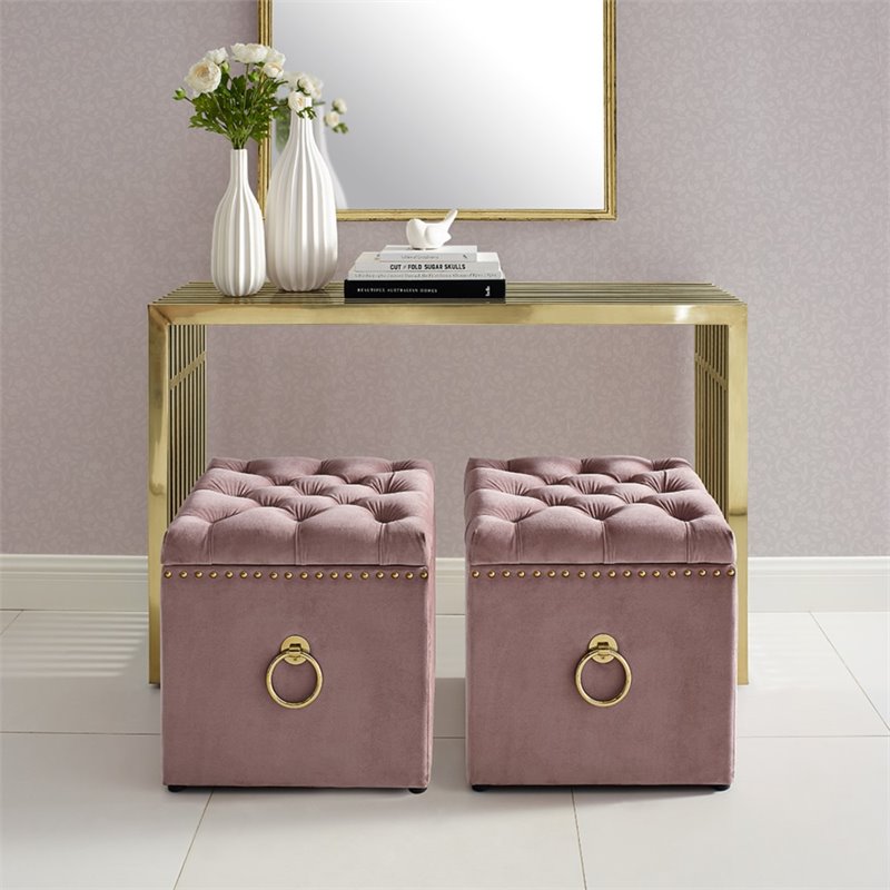 Maklaine Velvet 1pc Storage Ottoman in Blush Pink/Gold Finish