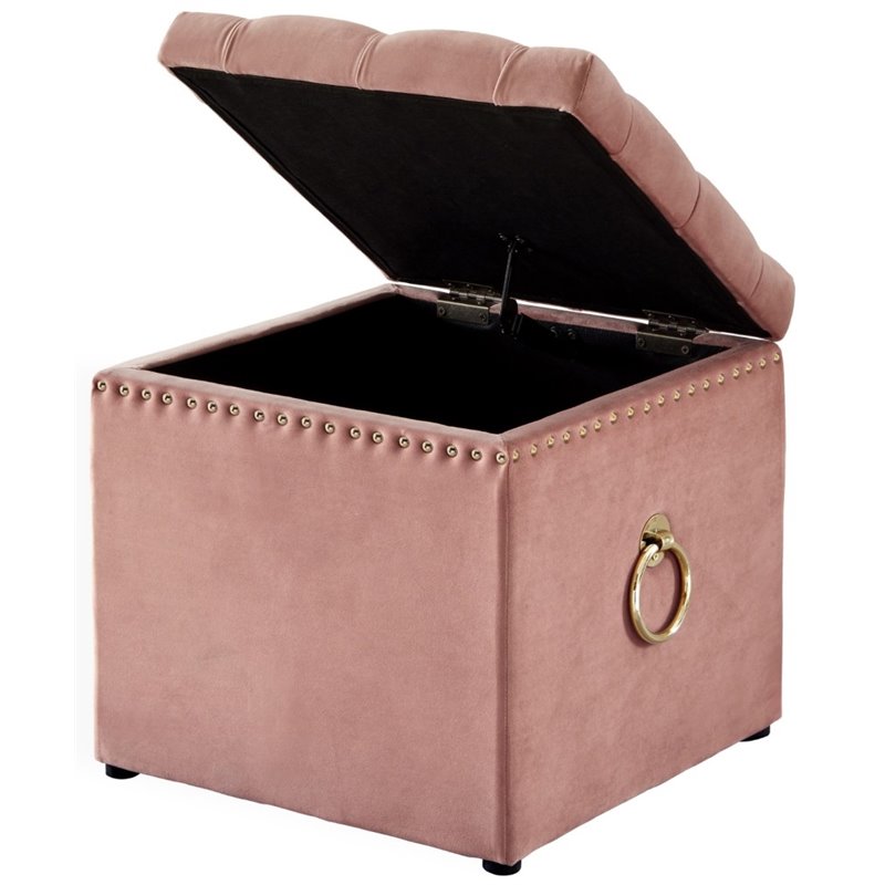 Maklaine Velvet 1pc Storage Ottoman in Blush Pink/Gold Finish
