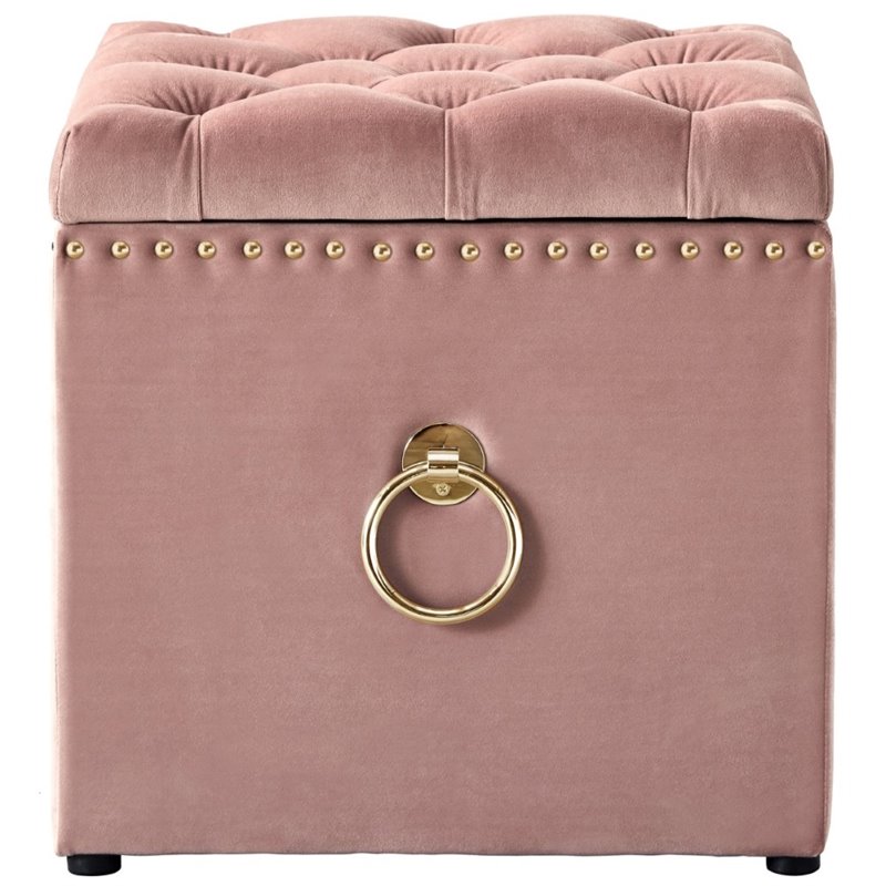 Maklaine Velvet 1pc Storage Ottoman in Blush Pink/Gold Finish