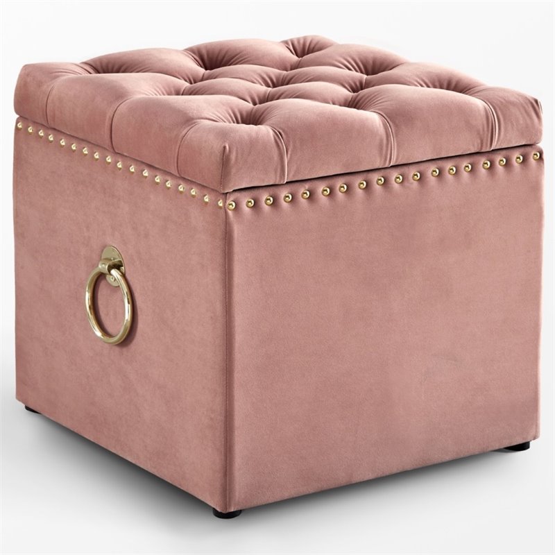 Maklaine Velvet 1pc Storage Ottoman in Blush Pink/Gold Finish