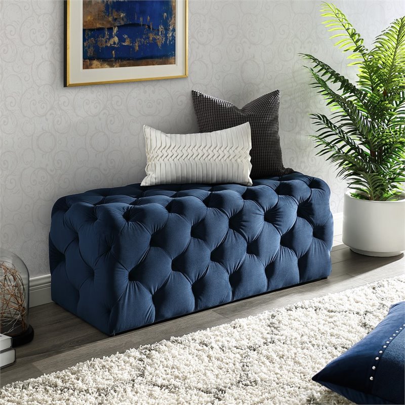 Maklaine Modern Button-Tufted Velvet Bench in Navy Blue Finish