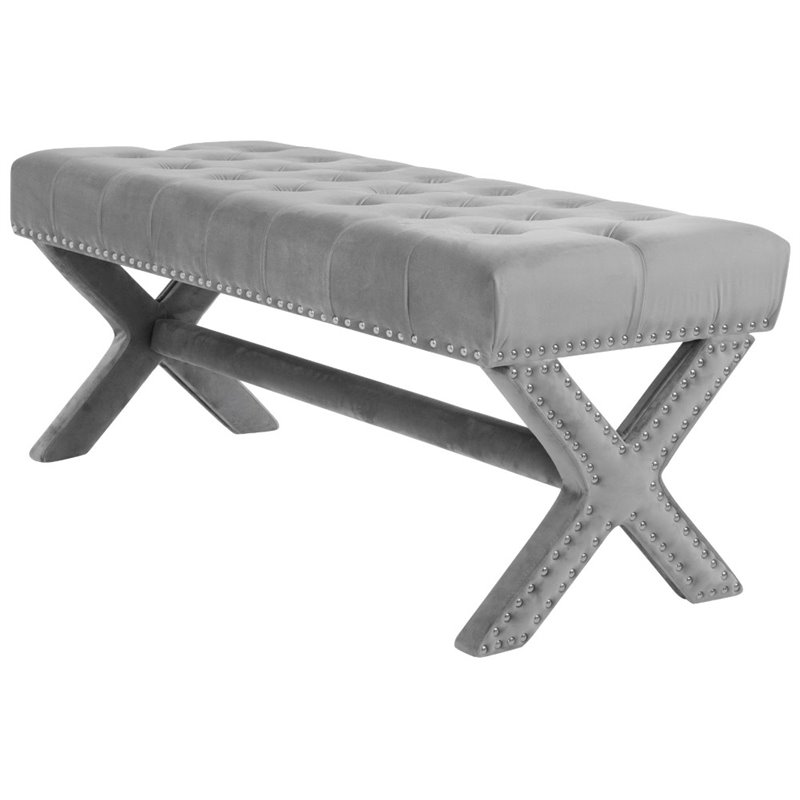 Maklaine Tufted Velvet Bench with Nailhead Trim in Gray Finish